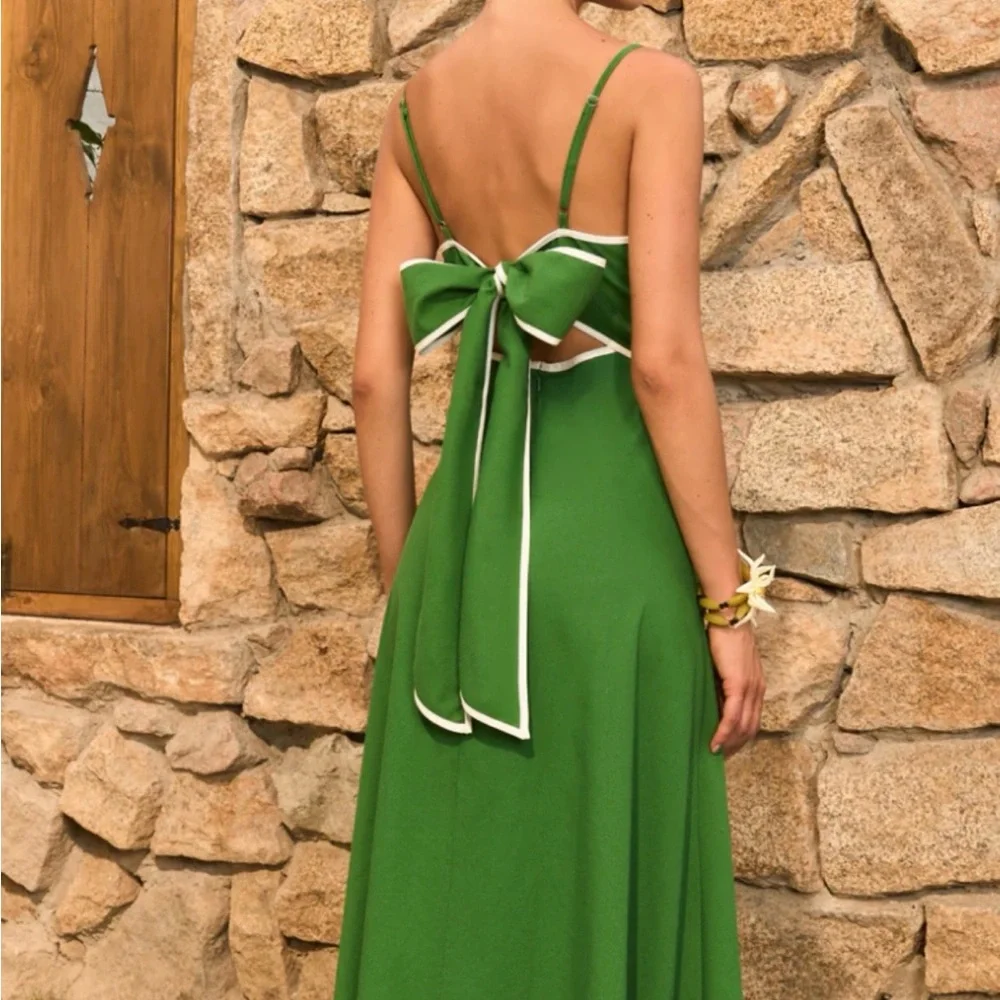 Commense Green Maxi Dress with White Trim Cutout